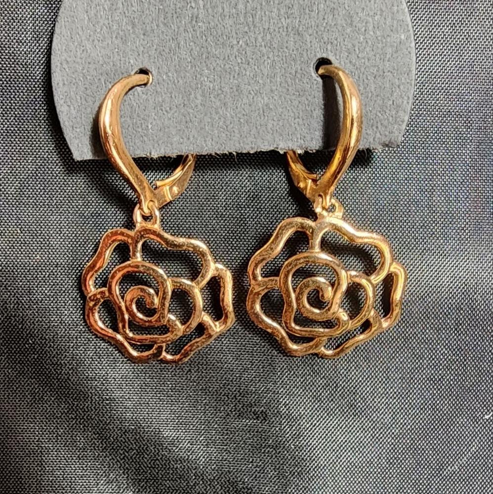Gold Plated Rose Shaped Dangle Earrings
